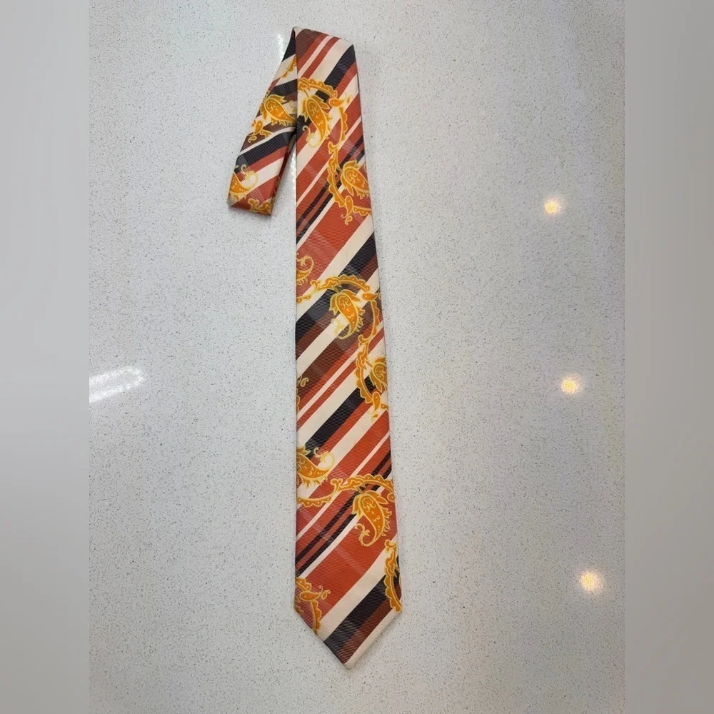 Henri Picard Vintage Classic Orange and Gold Diagonal Striped Paisley XL Tie